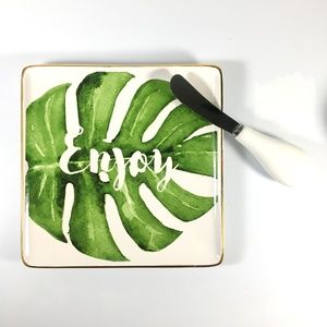 Watercolor Palm Gold Trim Spreader & Serving Plate